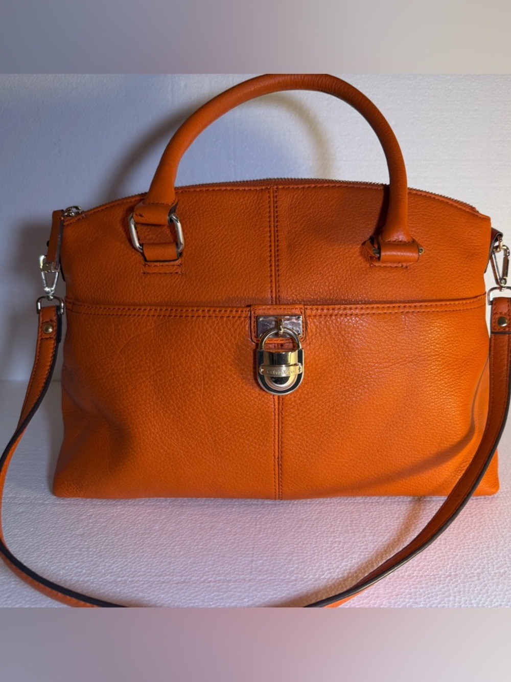 Calvin Klein orange pebbled satchel handbag